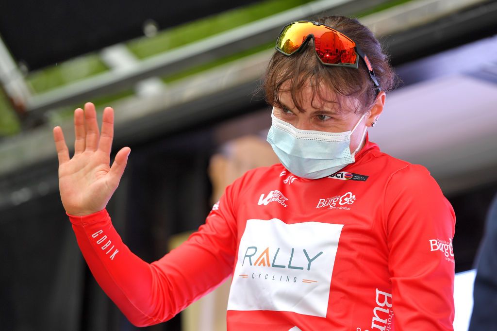 VILLARCAYO SPAIN MAY 21 Heidi Franz of United States and Team Rally Cycling celebrates at podium during the 6th Vuelta A Burgos Feminas 2021 Stage 2 a 97km stage from Pedrosa de Valdeporres to Villarcayo VueltaBurgos BurgosFem UCIWWT on May 21 2021 in Villarcayo Spain Photo by Luc ClaessenGetty Images
