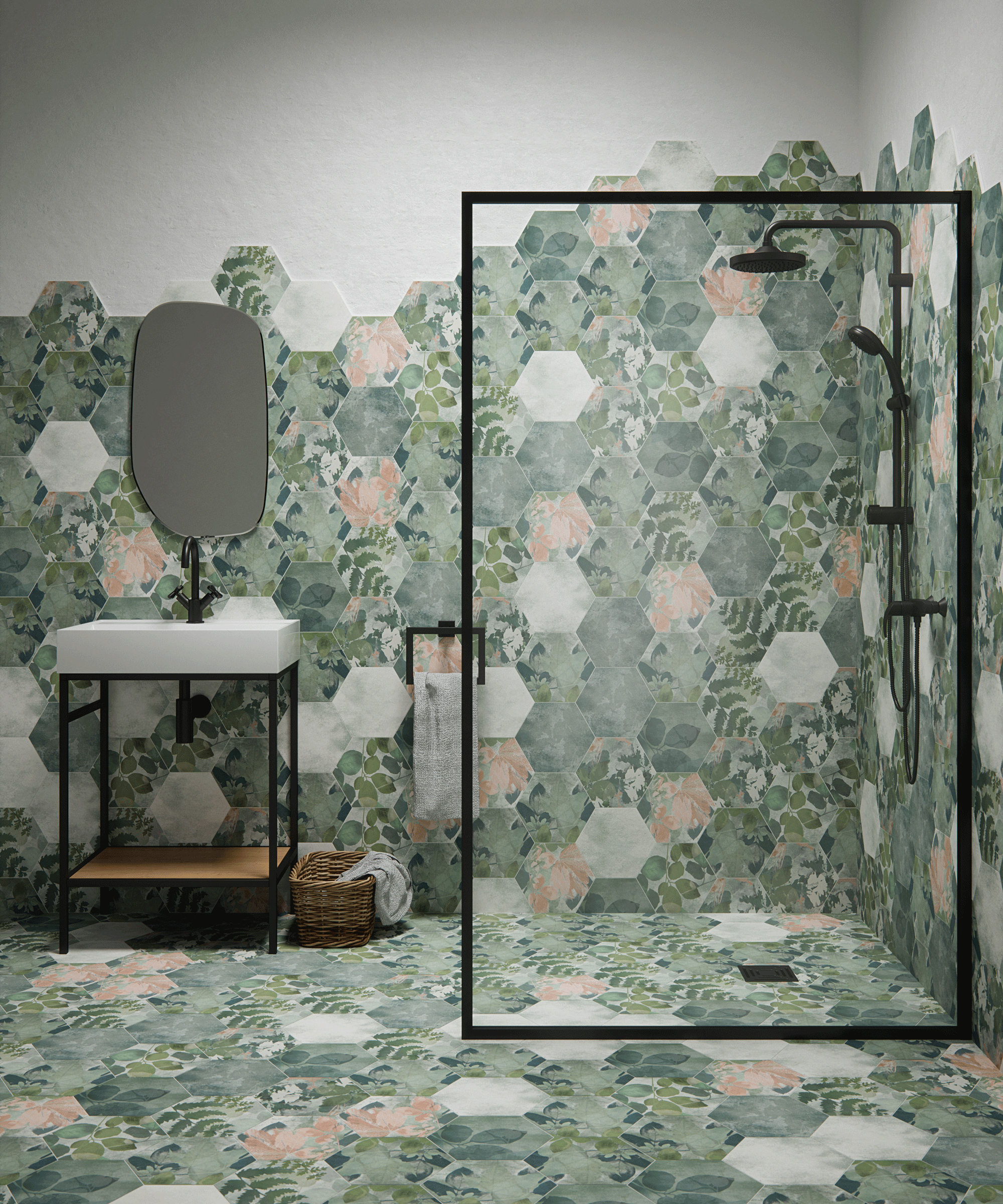Shower wall and floor in floral hexagonal tile