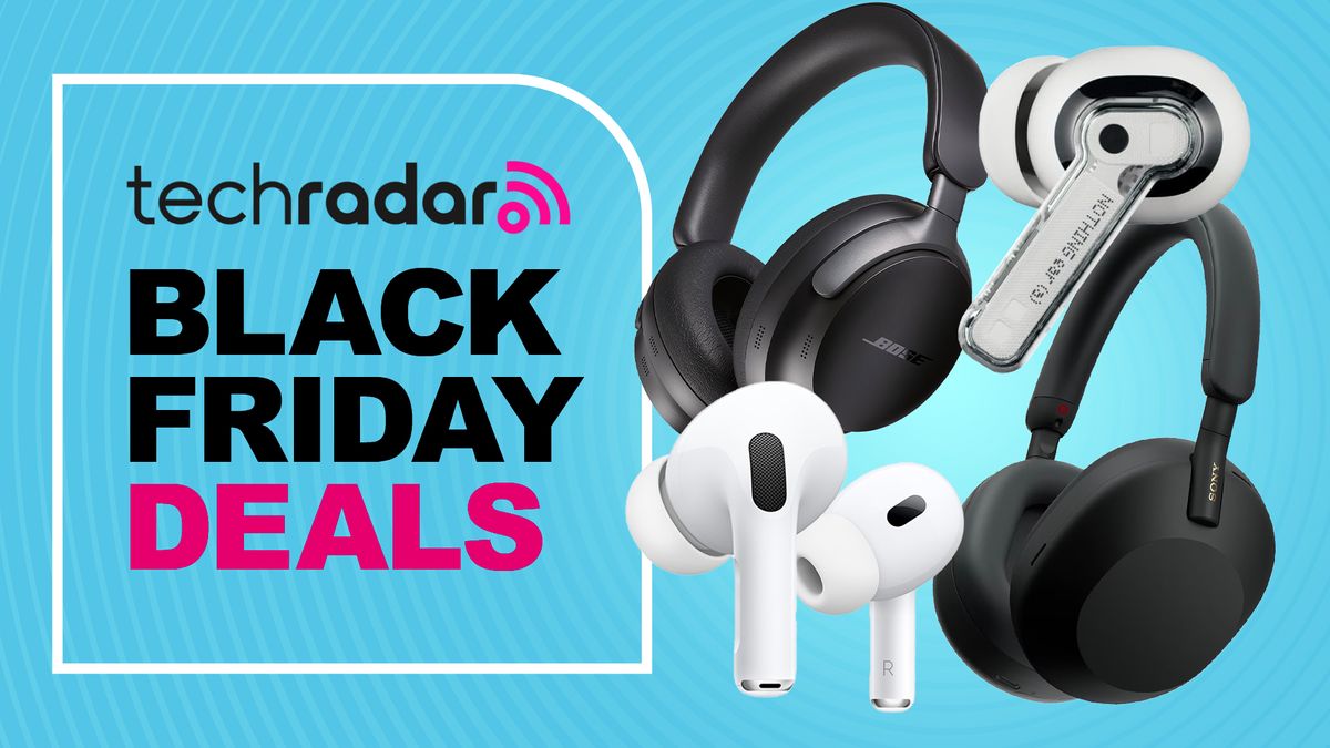 AirPods, Sony, Bose and Nothing headphones and earbuds clustered together, with a sign saying Black Friday deals