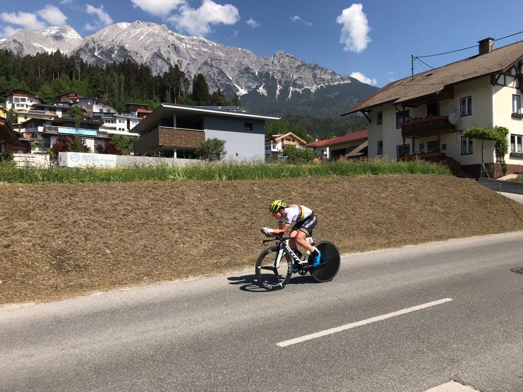 Annemiek van Vleuten in her rainbow bands as she rides the Worlds time trial route in Innsbruck