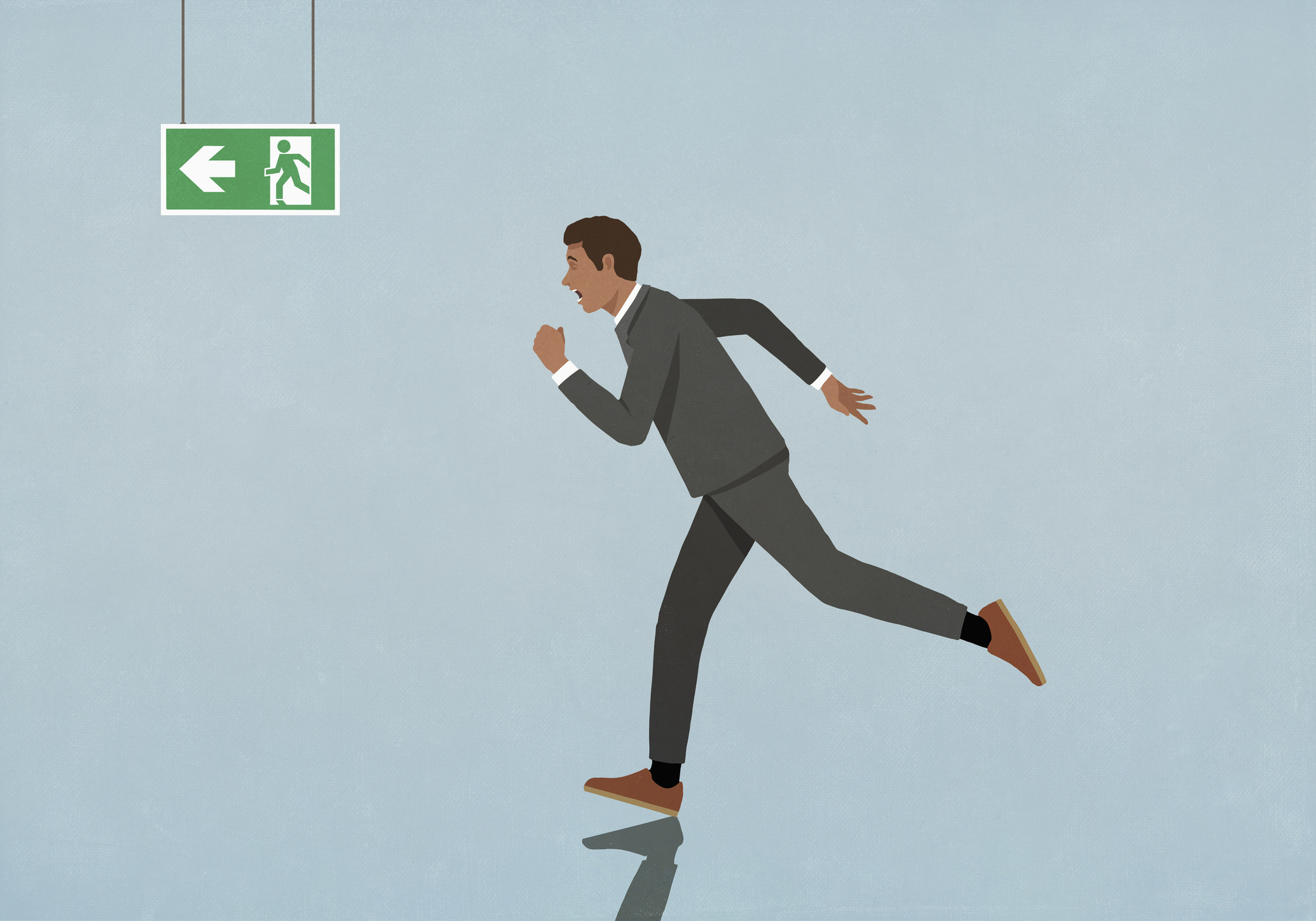 A cartoon businessman runs toward an exit sign.