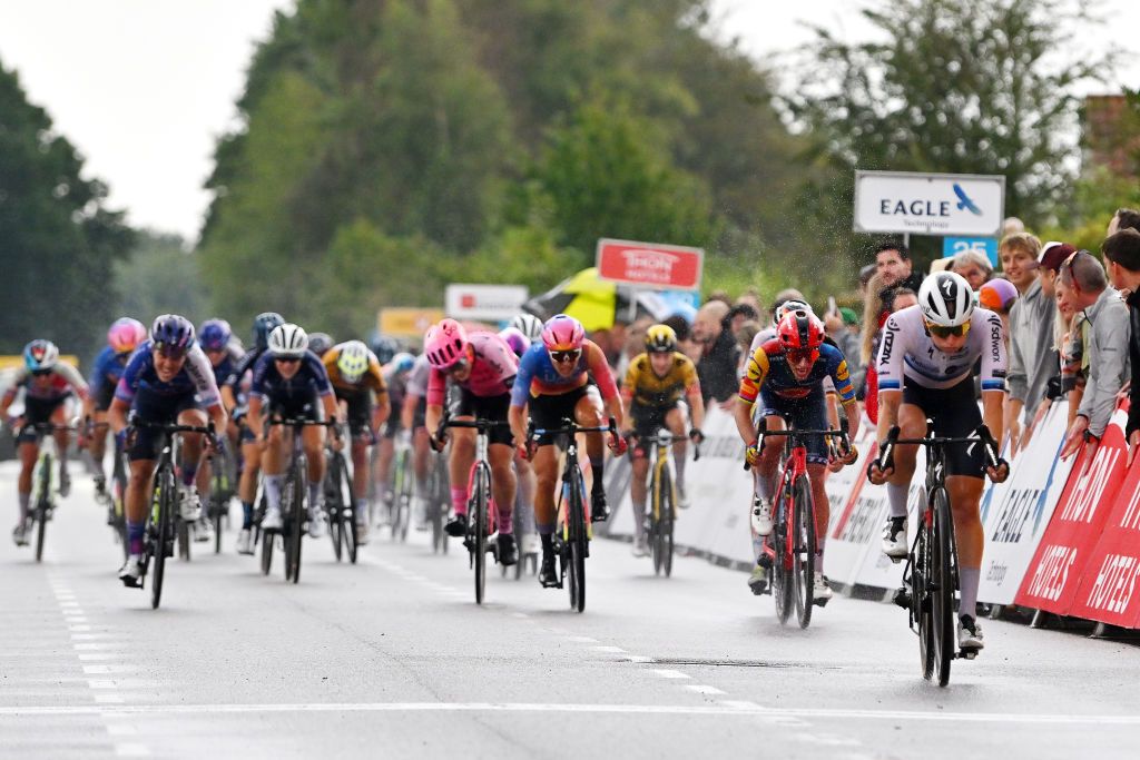 HADERSLEV DENMARK AUGUST 27 LR Elisa Balsamo of Italy and Team Lidl Trek and Lorena Wiebes of The Netherlands and Team SD Worx cross the finish line during the 9th Tour of Scandinavia 2023 Battle Of The North Stage 5 a 1439km stage from Middelfart to Haderslev UCIWWT on August 27 2023 in Haderslev Denmark Photo by Luc ClaessenGetty Images