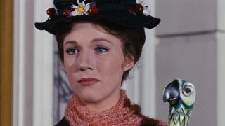 Julie ANdrews as Mary Poppins with bird umbrella