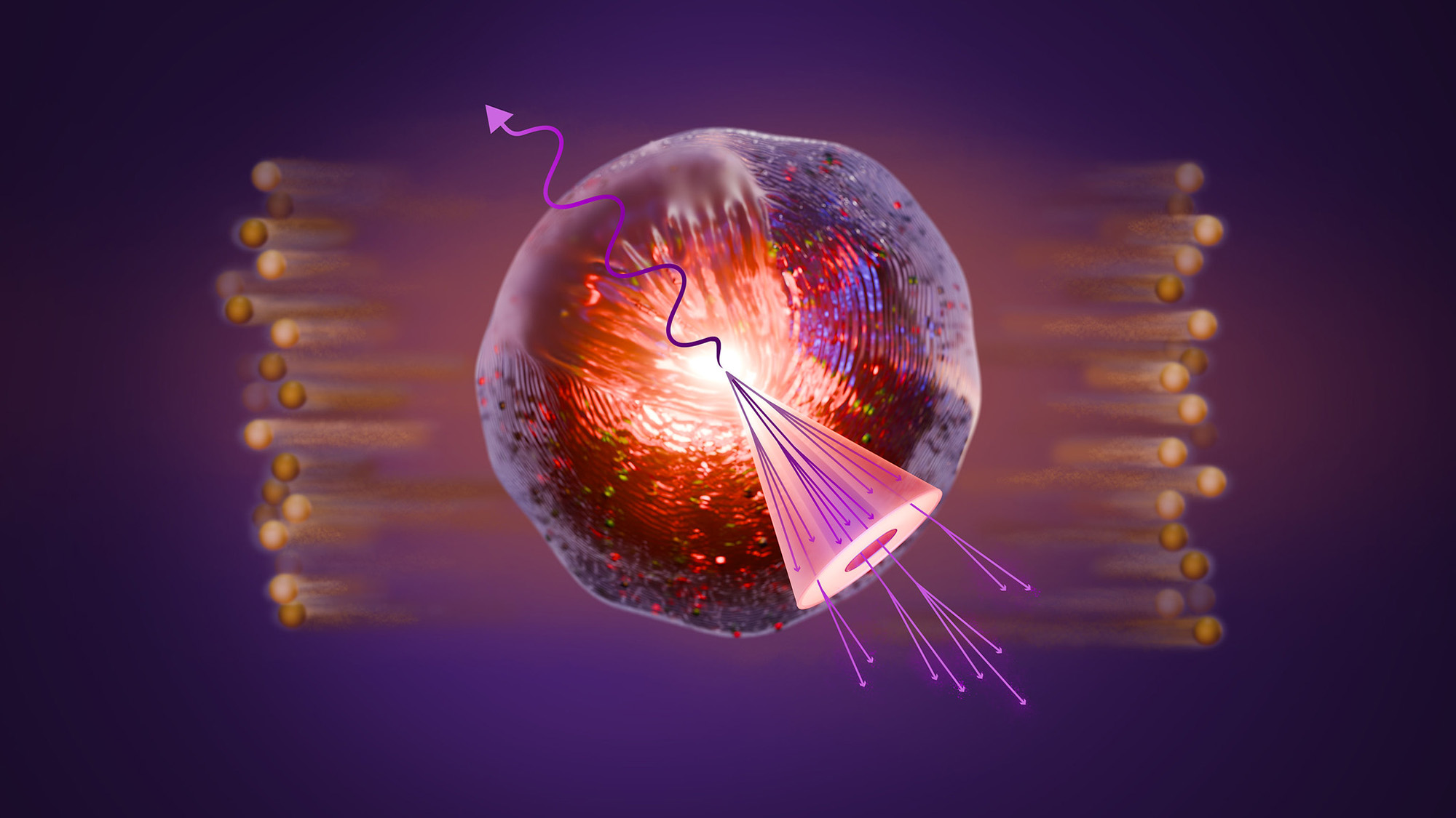 An illustration of a sphere with a cone in it over a purple background.