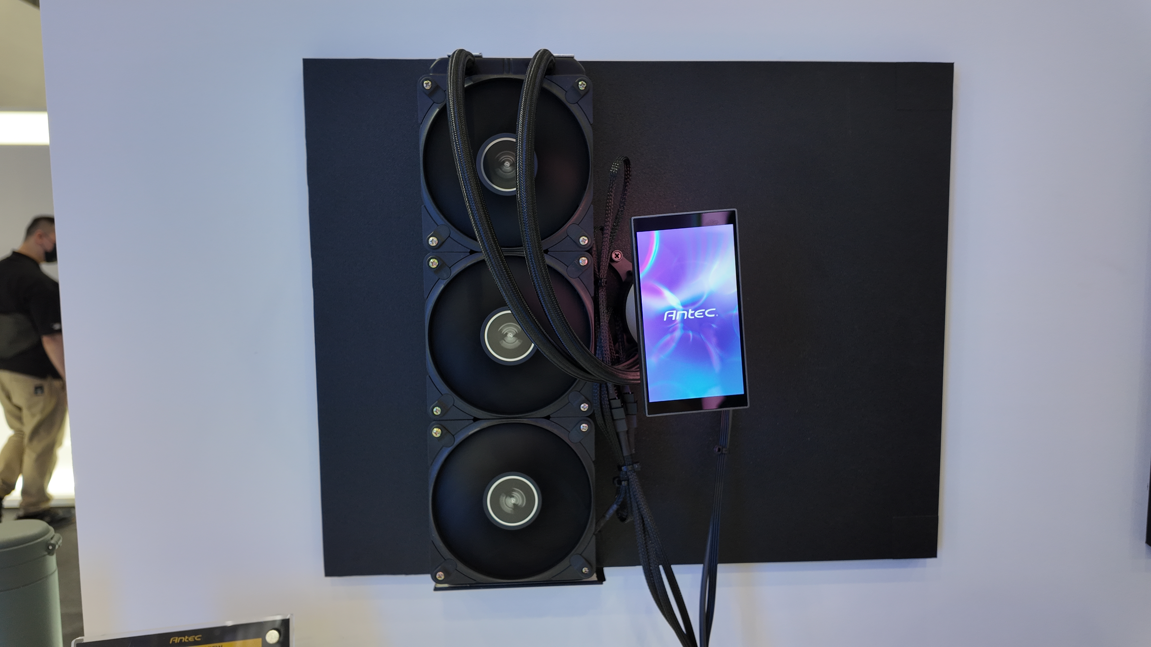 The Antec Vortex View prototype liquid cooler on display at Antec's booth at Computex 2025.