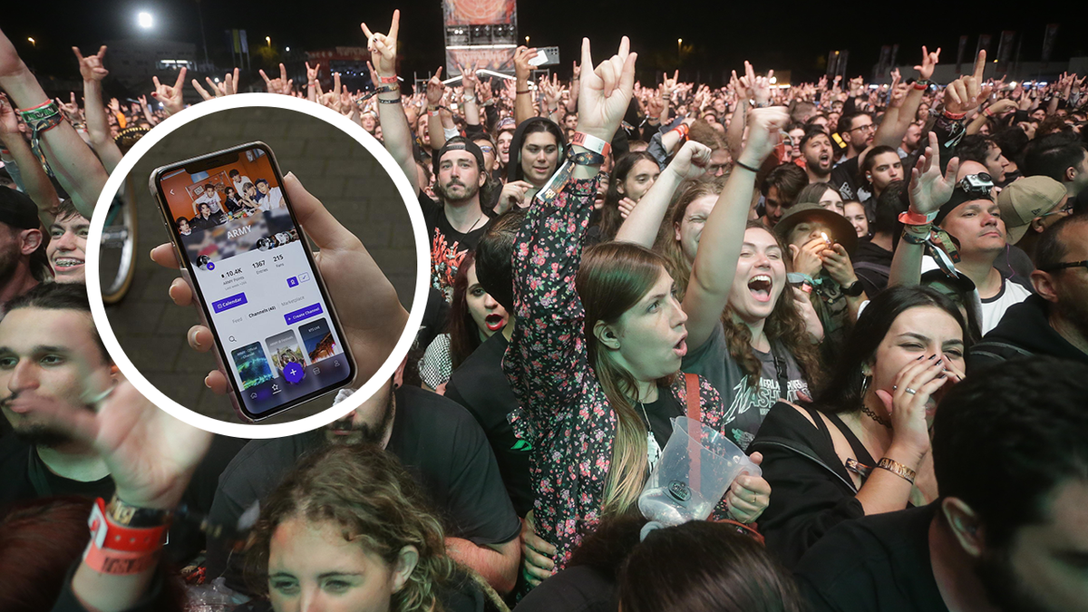 Fave app in use on iPhone on top of image of metal fans in crowd