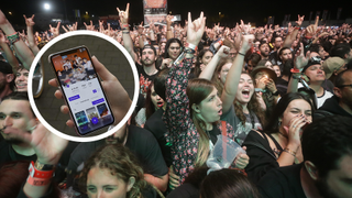 Fave app in use on iPhone on top of image of metal fans in crowd