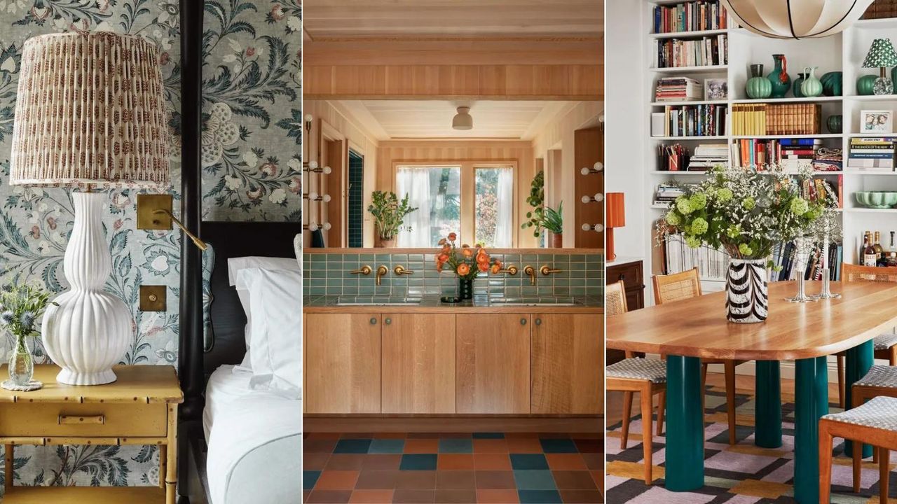 Three colorful rooms representing Pinterest&#039;s trend predictions: the Nancy Meyers aesthetic, vintage decor, and whimsical interiors