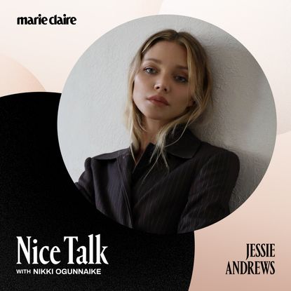 ceo and actress jessie andrews poses with her arms crossed in an image for the marie claire podcast nice talk