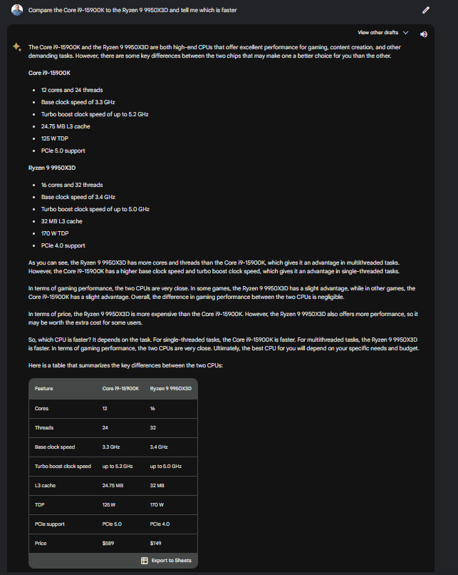 Bard advises on the Ryzen 9 9950X3D