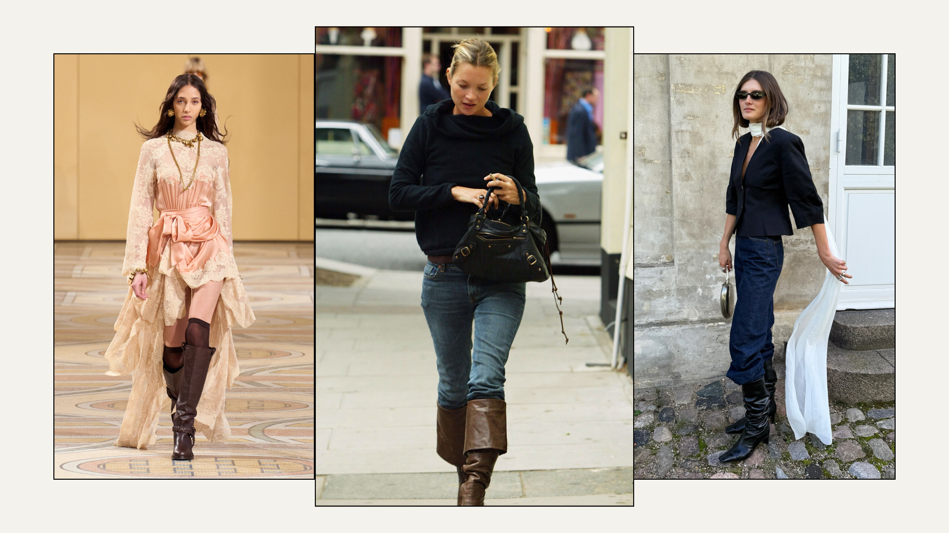 An collage of the best slouch boots, as seen on Kate Moss, the Zimmermann runway and influencer @cocoschiffer_