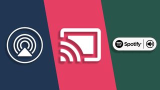 Logoene til Apple Airplay 2, Google Chromecast og Spotify Connect.