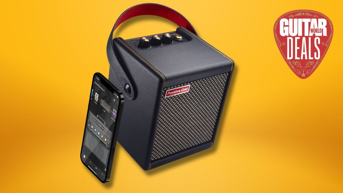 A Positive Grid Spark Mini amplifier on a yellow gradient background