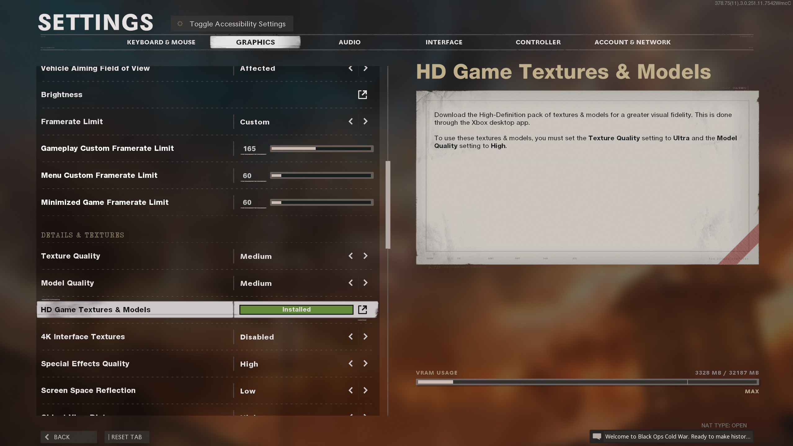A screenshot of the graphics settings menu in Call of Duty: Black Ops Cold War showing HD textures disabled.