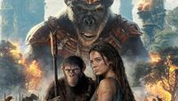 two sentient apes and a human centered in a fiery post-apocalyptic background
