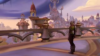 WoW Rookery Cache: A scenic from of Farstrider Aerieminder overlooking Silvermoon City from a floating island balcony.