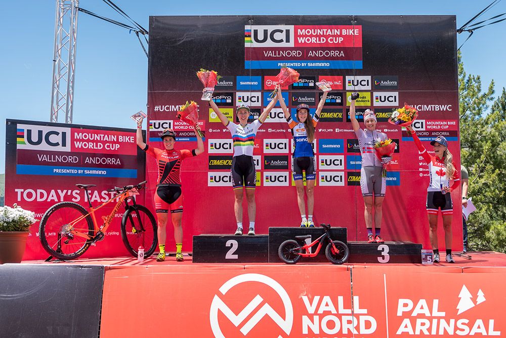 Women's podium: Linda Indergand, Anika Langvad, Yana Belomoina, Gunn-Rita Dahle Flesjaa, Emily Batty