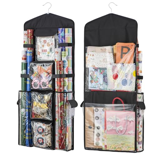 Eolimex Wrapping Paper Organizer - Hanging Gift Wrap Storage Container, Double-Sided Wrapping Storage Over Door Organizer for Kitchen, Bedroom, Closet,space-Saving Solution Gift Bags- Black