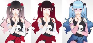 Three versions of a character illustration in different colours