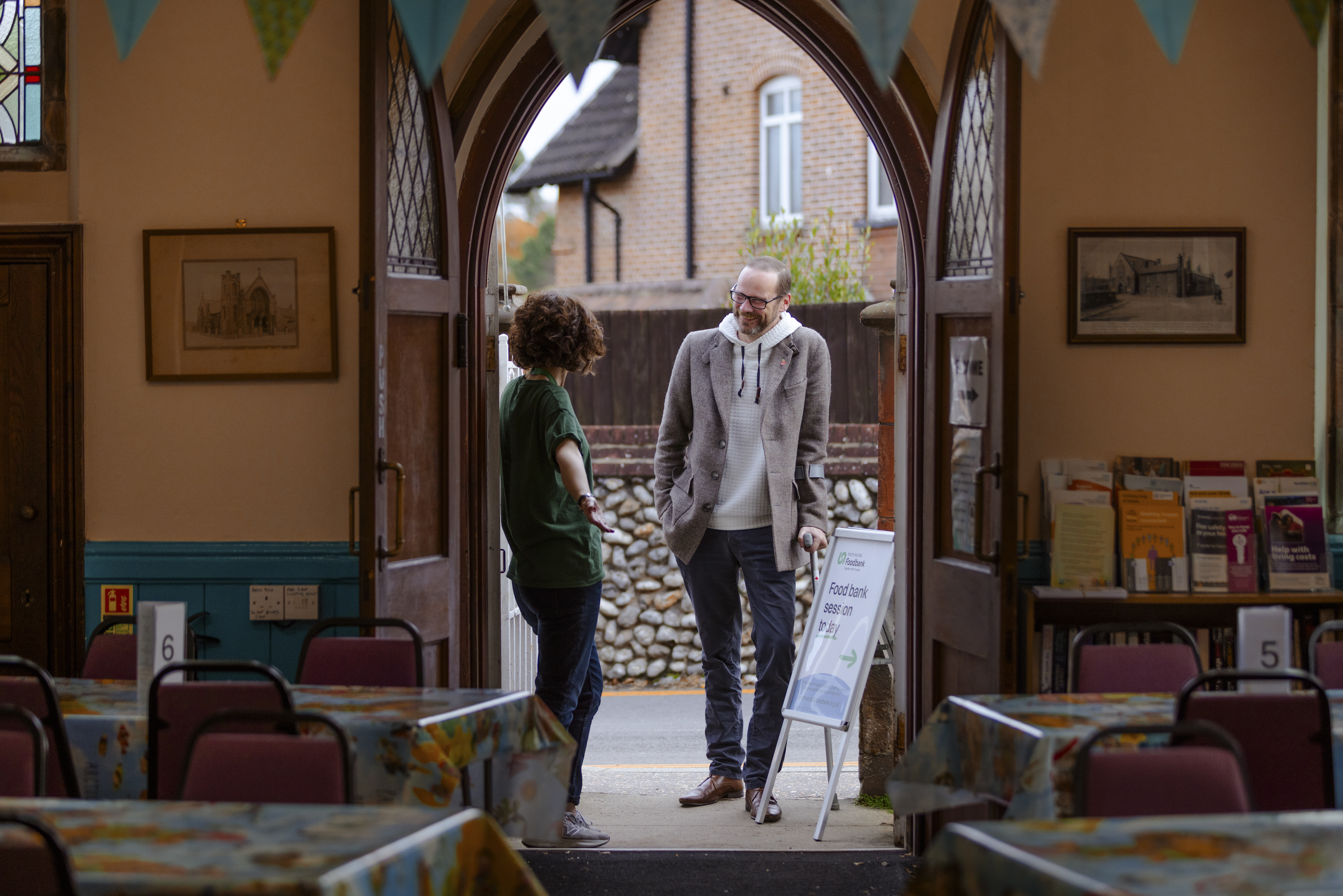 David Wilson at the entrance of the North Norfolk Foodbank, which is supported by Trussell.