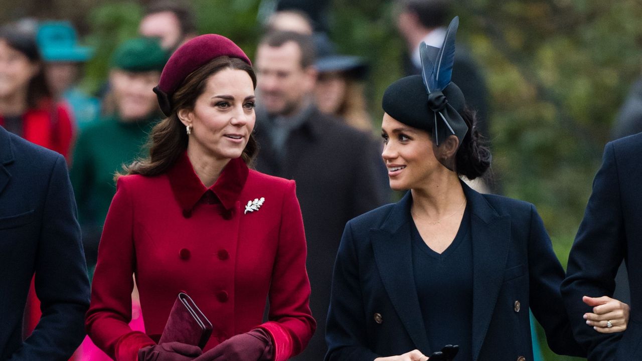 kings lynn, england december 25 catherine, duchess of cambridge and meghan, duchess of sussex attend christmas day church service at church of st mary magdalene on the sandringham estate on december 25, 2018 in kings lynn, england photo by samir husseinwireimage