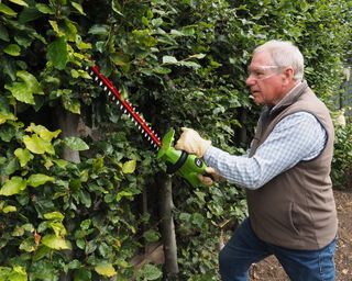 man cutting a hedge with a cordless hedge trimmer