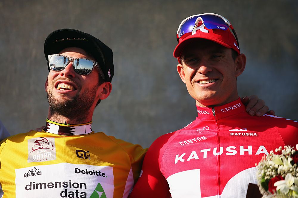 Tour of Qatar's overall leader Mark Cavendish (Dimension Data) and stage 2 winner Alexander Kristoff (Katusha) on the podium