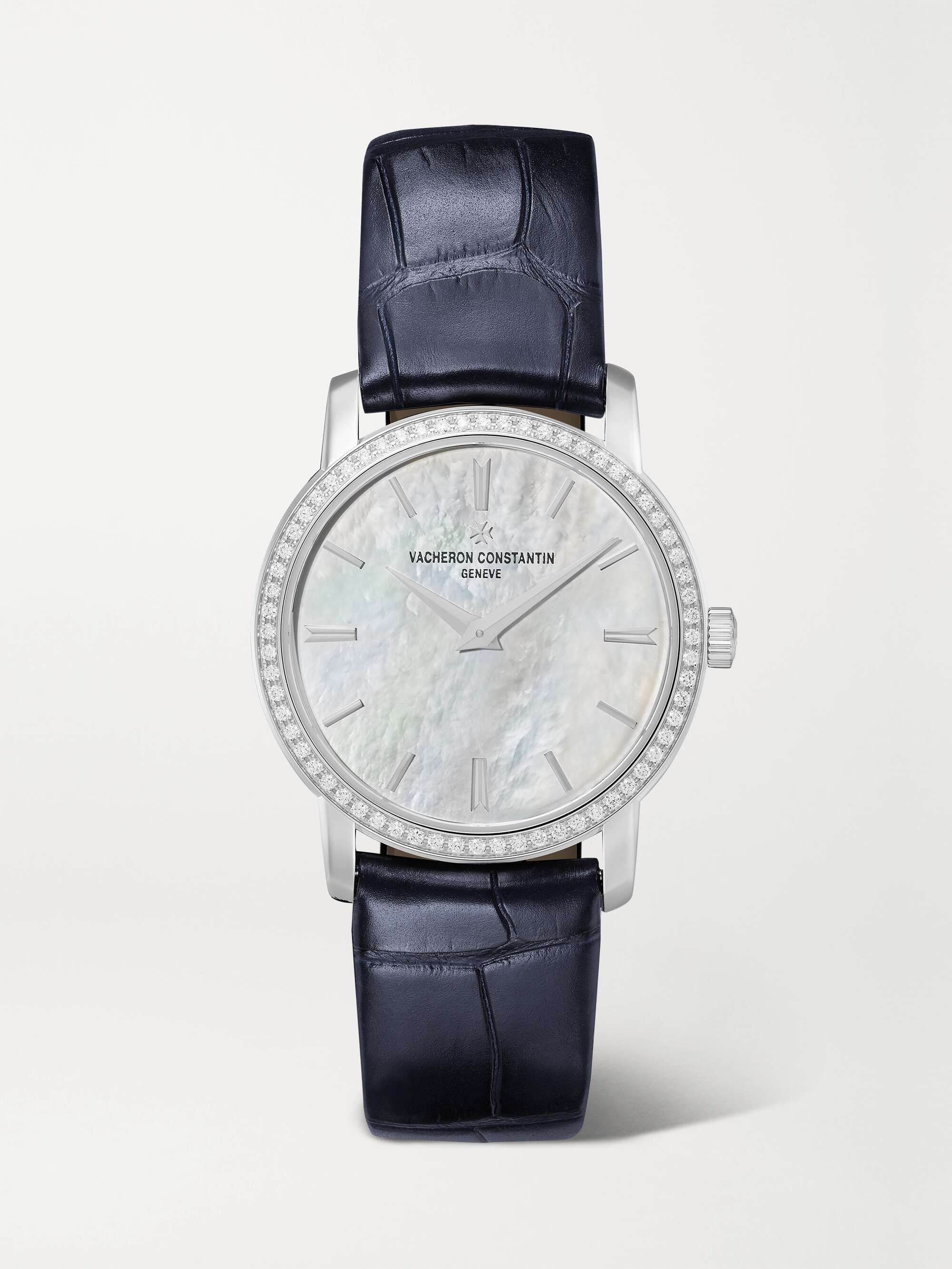 Traditionnelle 30mm 18-Karat White Gold, Alligator, Diamond and Mother-Of-Pearl Watch