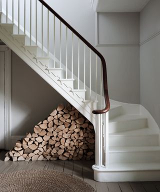 white staircase with beige walls