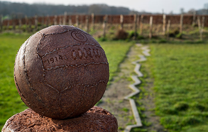 WW1 monument for Christmas Truce football match played between English and German troops at Ploegsteert, West Flanders, Belgium