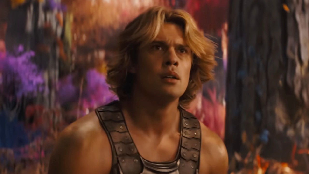 Nicholas Galitzine looking forward in color forest in Masters of he Universe.