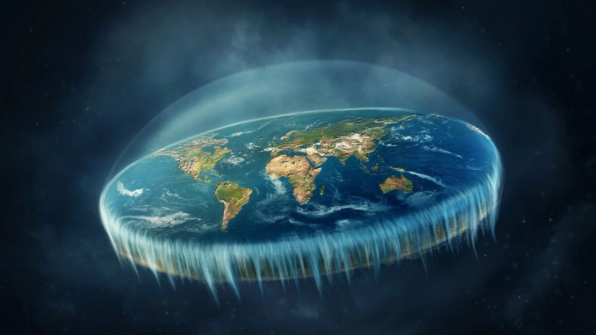 a graphic illustration of a flat earth with a large dome structure above.