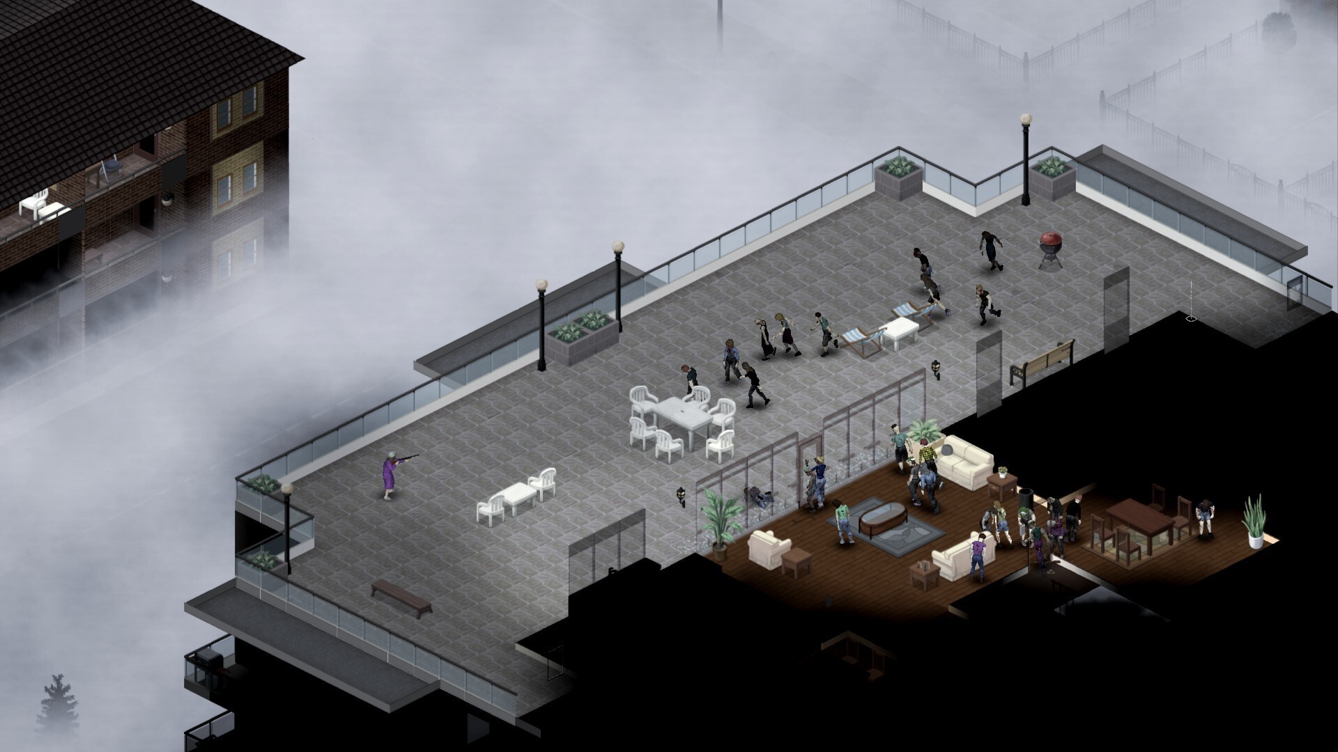 Screenshot of zombies attacking a player in Project Zomboid