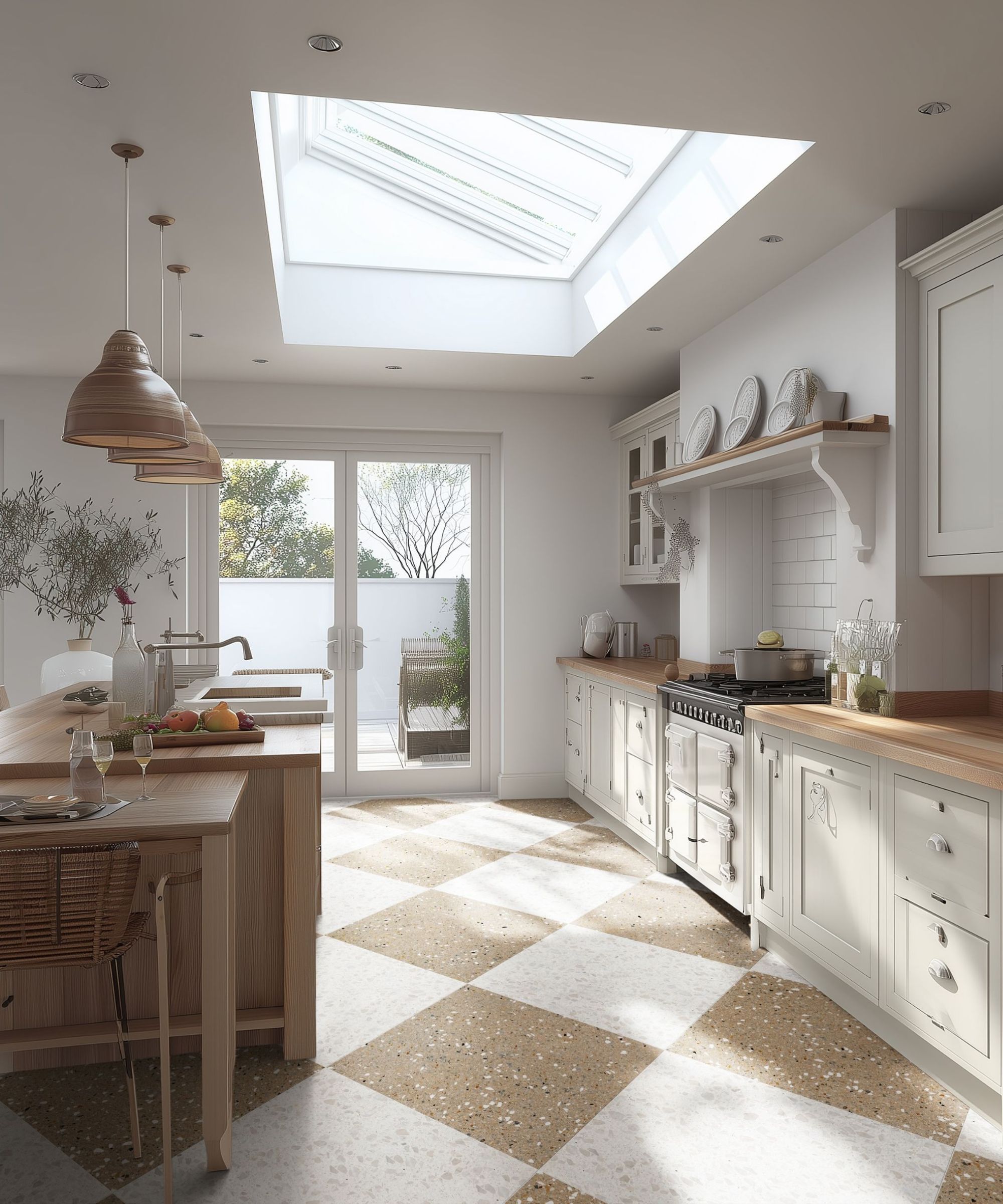 A bright, country-style kitchen extension with a large rooflight flooding the space with natural light. Cream shaker cabinetry with oak worktops and an Aga range cooker line one wall, while a beige and cream terrazzo checkerboard floor, wooden island and wicker pendant lights give a warm, relaxed feel