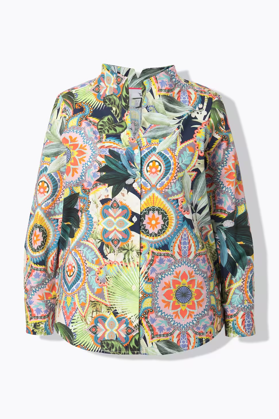 Ulla Popken, Printed Long Sleeve Goblet Collar Button Down Blouse