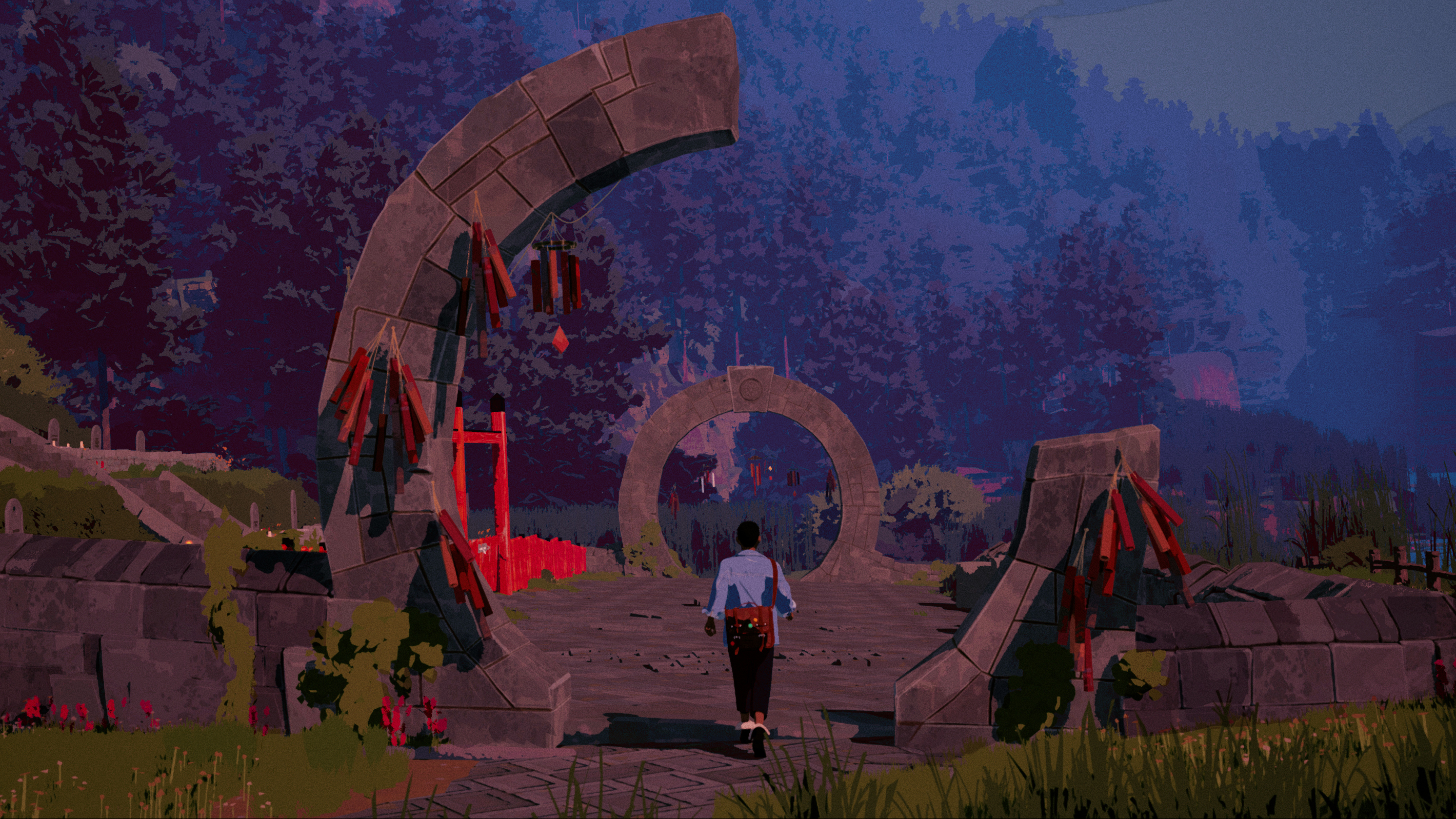 A boy walking towards an ancient sculpture in the game Season