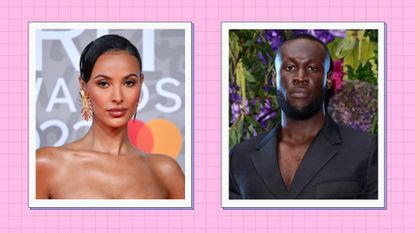 Maya Jama and Stormzy pictured alongside each other in a pink, two-picture template