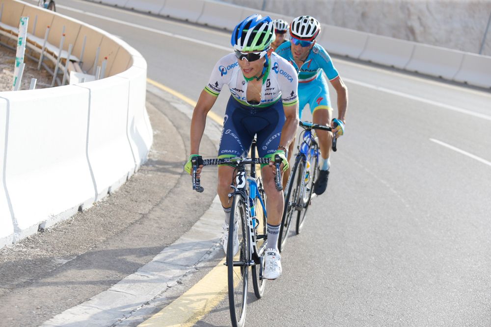 Esteban Chaves (Orica - GreenEdge) attacks and Nibali briefly follows