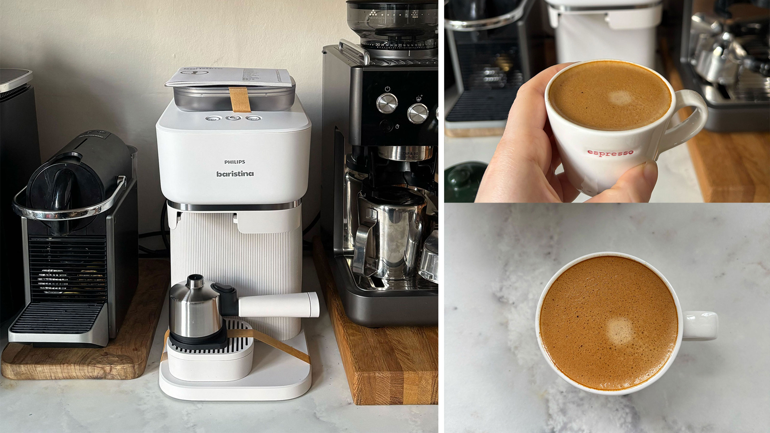 White Philips Baristina in a compilation image with a coffee machine, and two shots of lungos