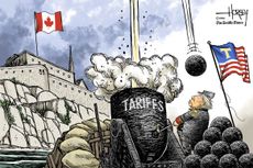 Donald Trump is outside a castle that flies the Canadian flag. He fires a cannon that is labeled "tariffs" and points straight up, instead of at the castle. The cannonball has reached its apex and will soon fall on Trump's head.