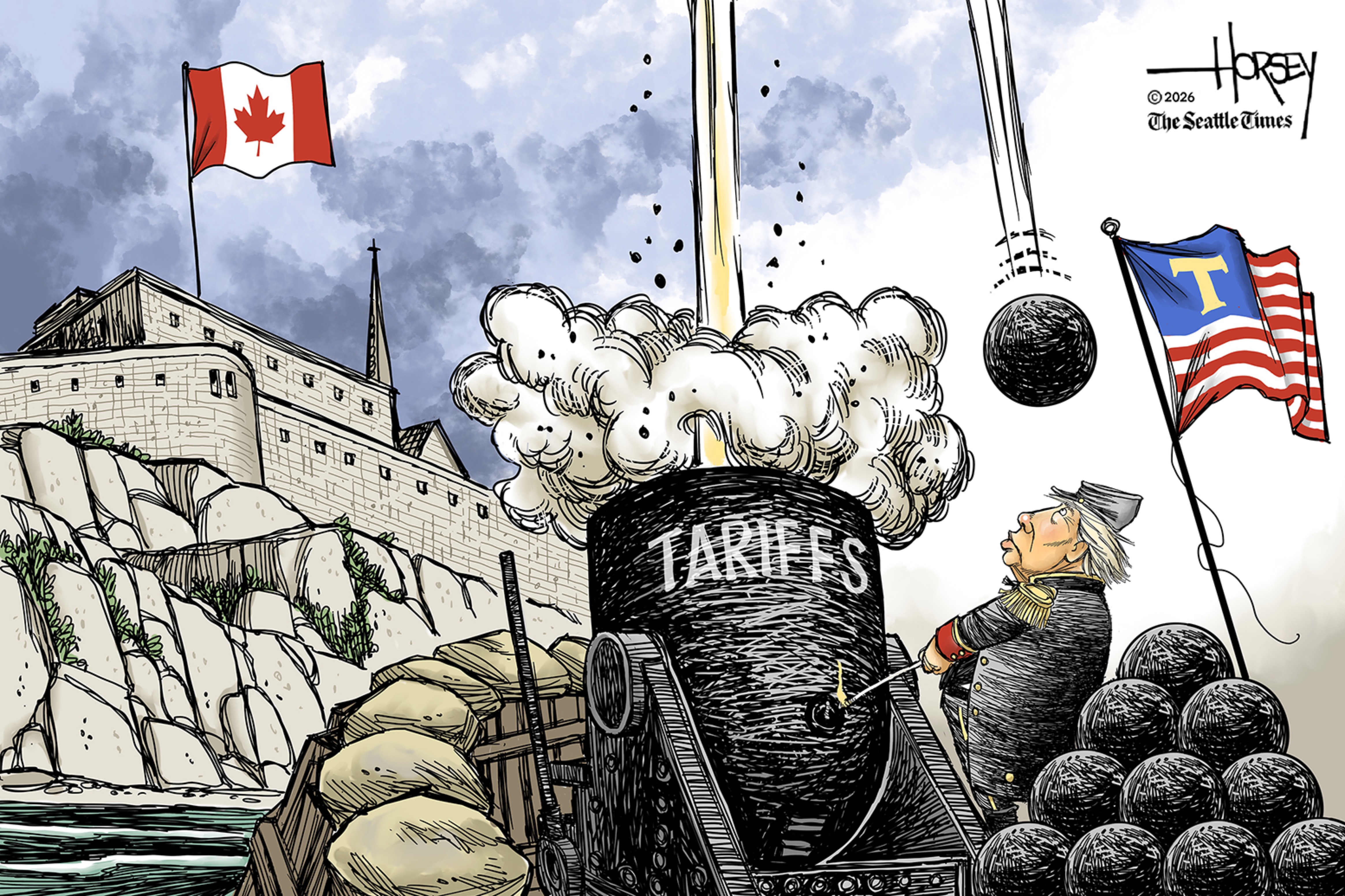 Donald Trump is outside a castle that flies the Canadian flag. He fires a cannon that is labeled &amp;quot;tariffs&amp;quot; and points straight up, instead of at the castle. The cannonball has reached its apex and will soon fall on Trump's head.
