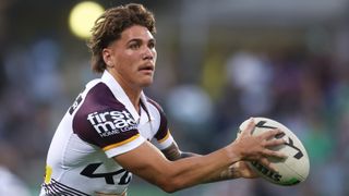 Reece Walsh of the Broncos warms up during the round two NRL match between Canberra Raiders and Brisbane Broncos at GIO Stadium, on March 15, 2025, in Canberra, Australia. 