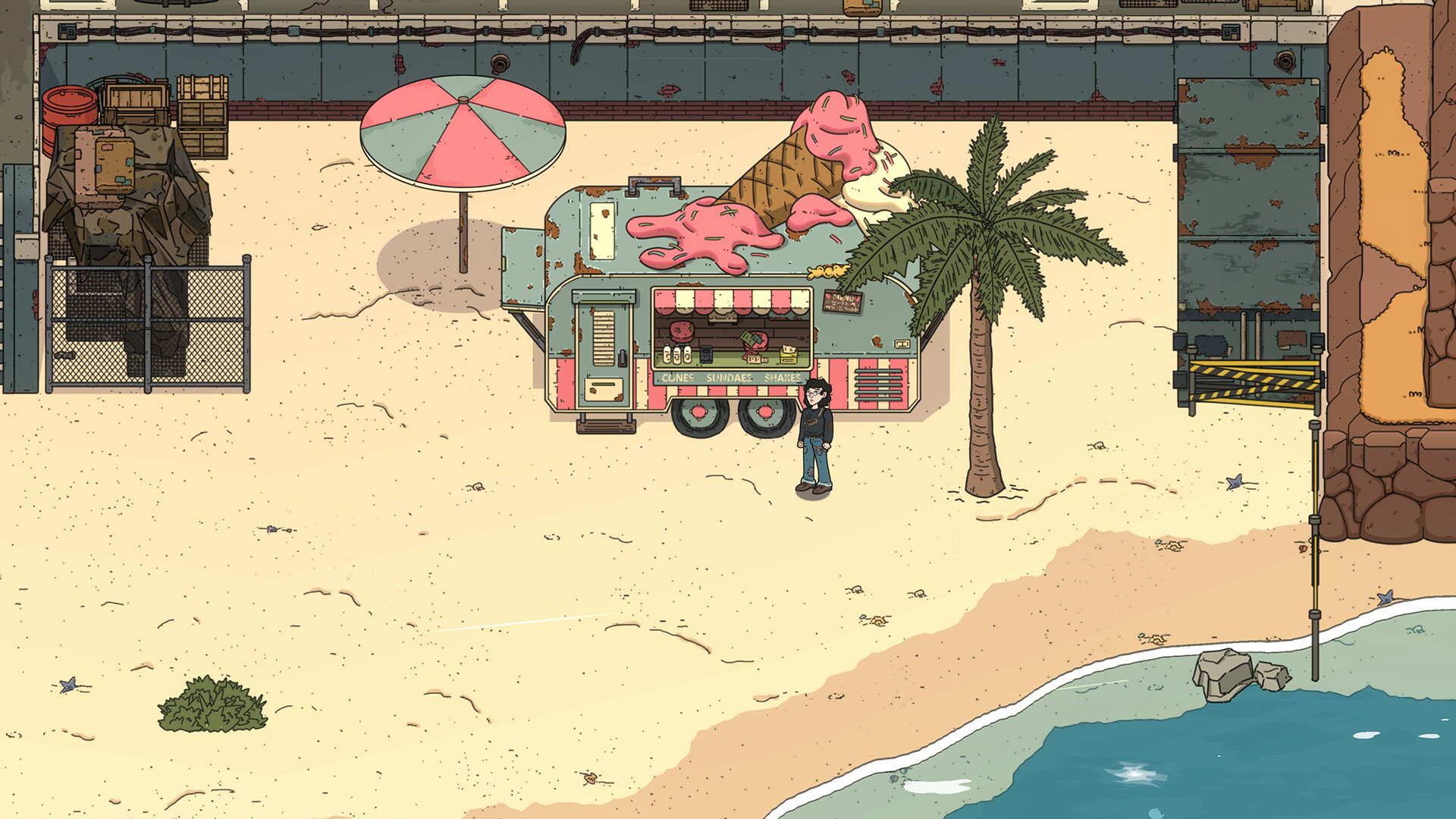 A character stands in front of an ice cream van on a sandy beach in the game Before Fate