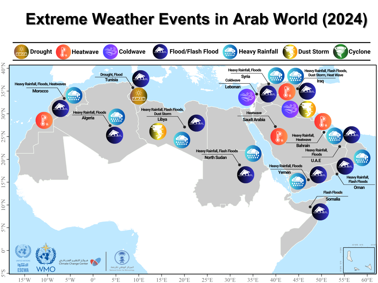 A map of the Arab region showing major weather events that are likely linked to climate change.