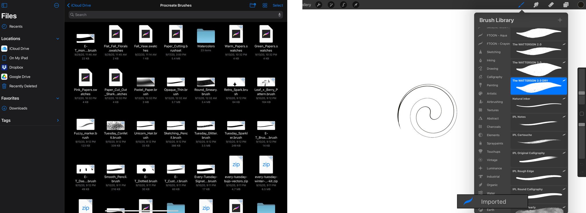 To import a Brush, open the File app on your device, locate the folder in which you saved the downloaded .brush file, tap on the file to automatically open it in Procreate, and open the Brush Library to select the new Brush. If you cannot locate the imported Brush, it may be under the Category called Imported.