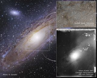 Views of a famous pulsating star, the Cepheid variable V1 in M31, taken nearly 90 years apart, along with a portrait of its galactic home are shown in this image collection. The tiny white box just above center outlines the Hubble Space Telescope view. An arrow points to the Hubble image, taken by the Wide Field Camera 3. The snapshot is blanketed with stars, which look like grains of sand.