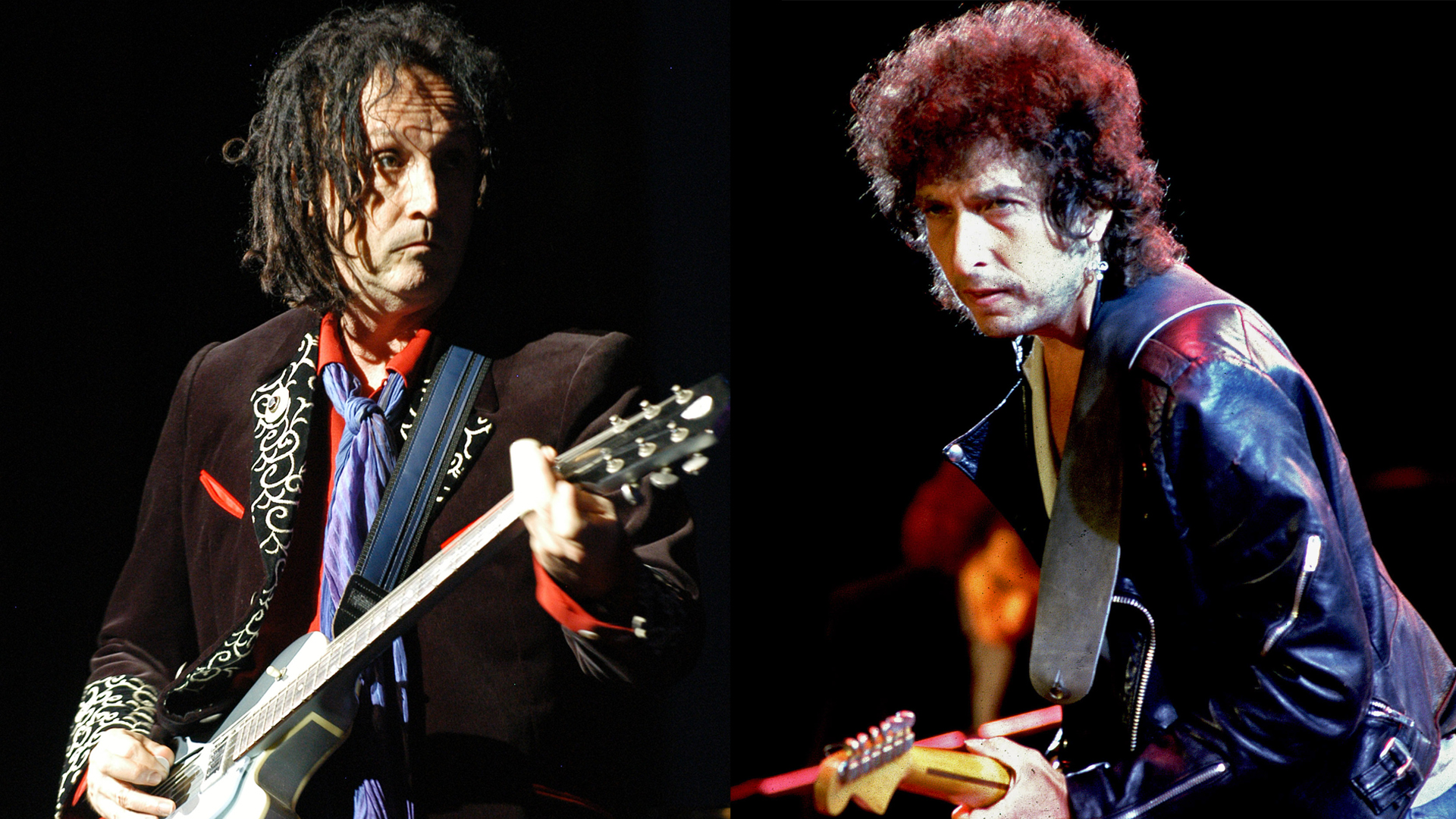 LEFT: Mike Campbell of Tom Petty And The Heartbreakers performs at the Verizon Wireless Amphitheatre on September 19, 2010 in Charlotte, North Carolina. RIGHT: Bob Dylan at Farm Aid - September 22, 1985
