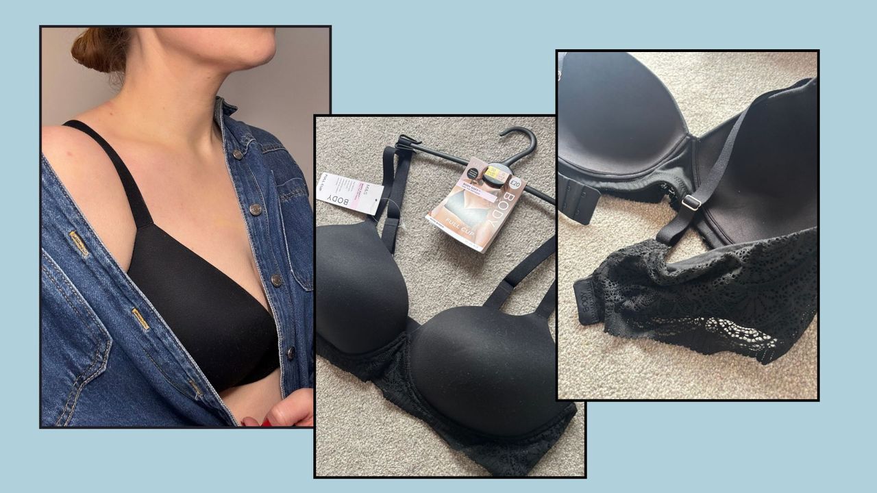 a composite of matilda wearing a bra next to the flat lay 