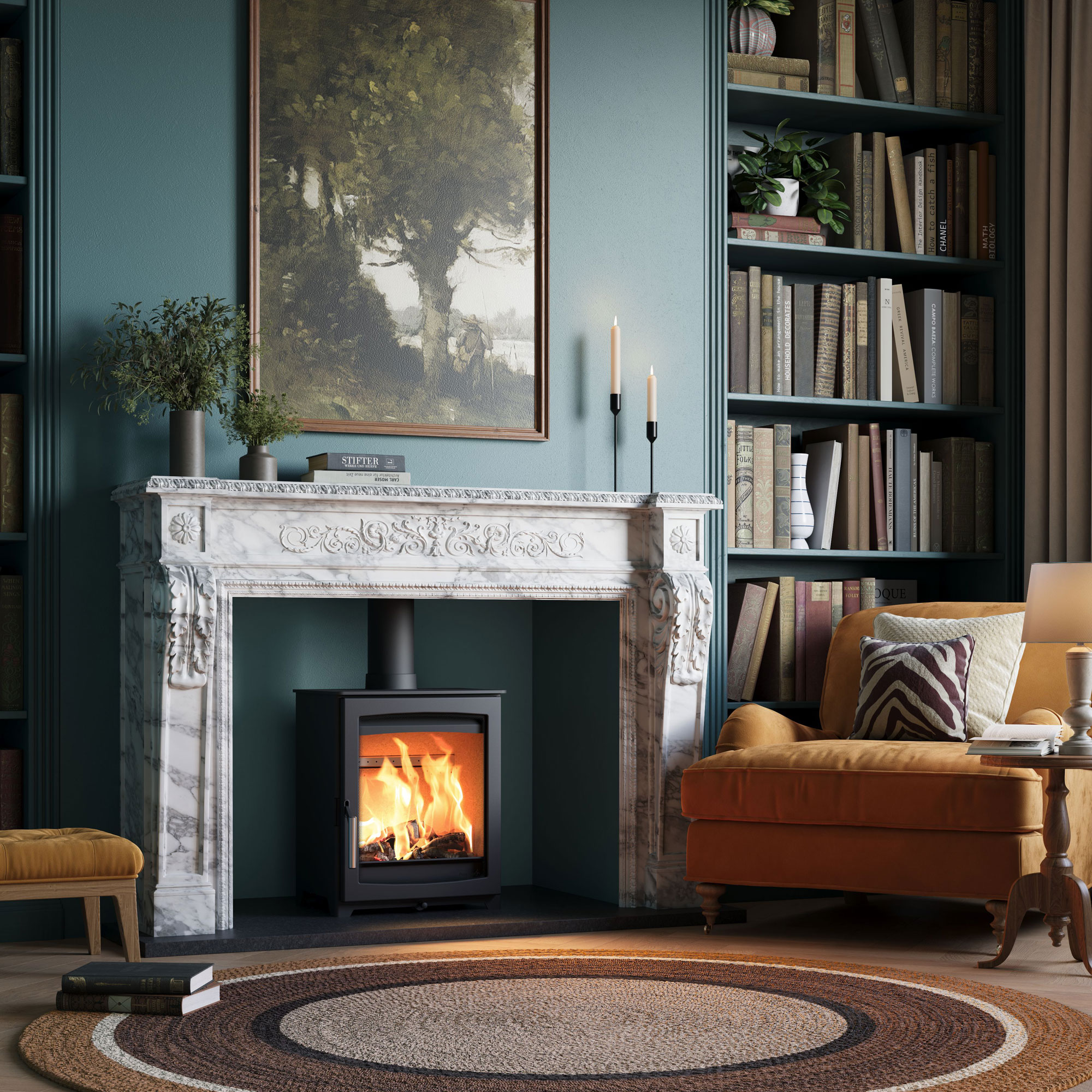 modern black log burning stove in traditional marble fireplace in living room with blue wall