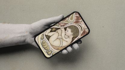 Photo collage of a woman's hand holding a phone screen with a diagram of a baby in a womb on the screen